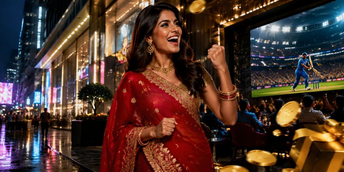 Indian woman celebrating cashback bonus in vibrant saree